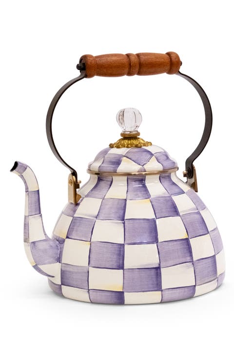 Violet Check Enameled Steel 3-Quart Tea Kettle