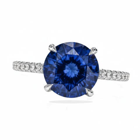 Round Lab Blue Sapphire & Diamond Solitaire Ring 14K