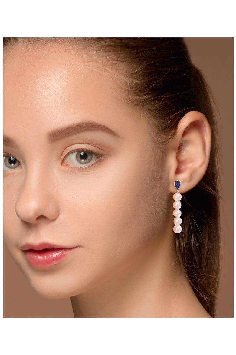 Lab-Created Sapphire & Freshwater Pearl Linear Drop Earrings, Alternate, color, BLUE
