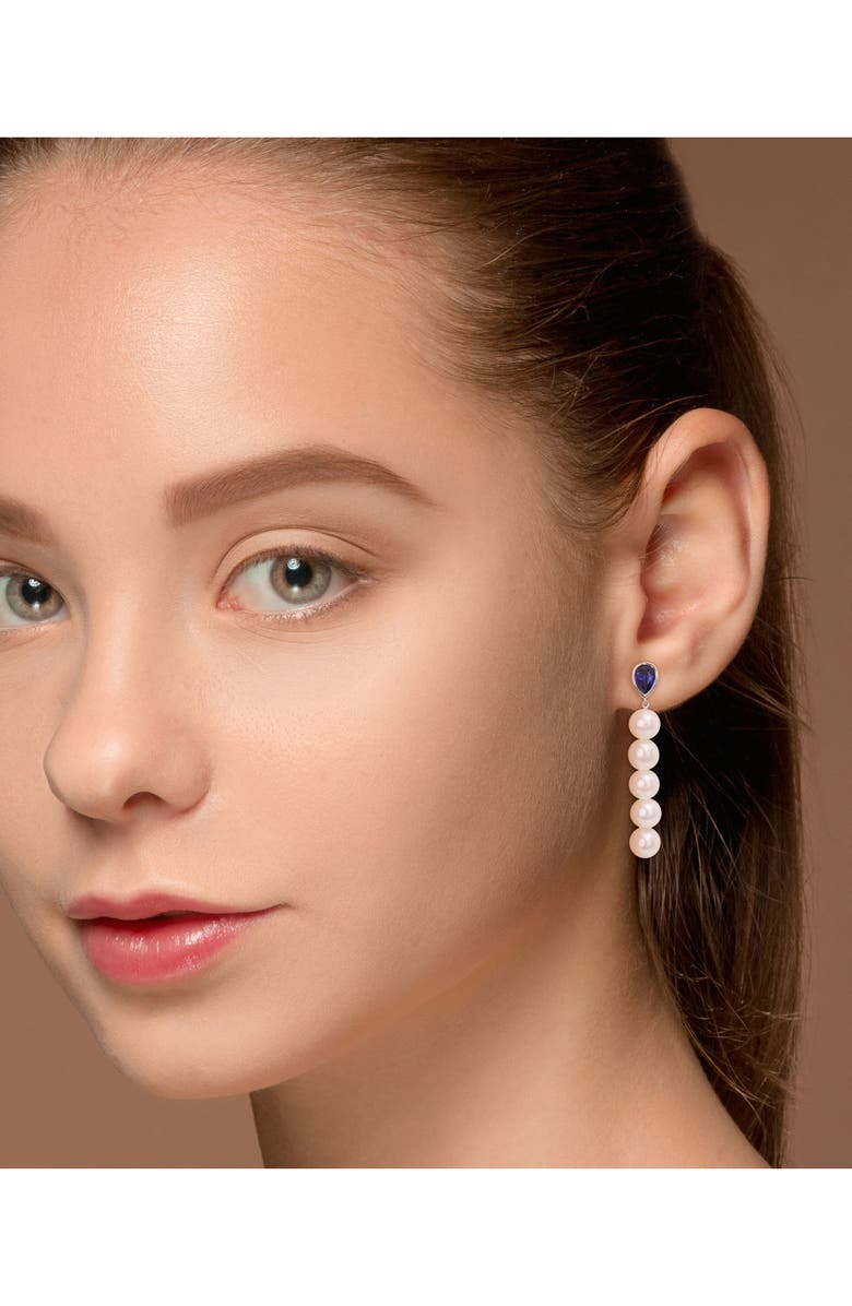 DELMAR Lab-Created Sapphire & Freshwater Pearl Linear Drop Earrings, Alternate, color, Blue