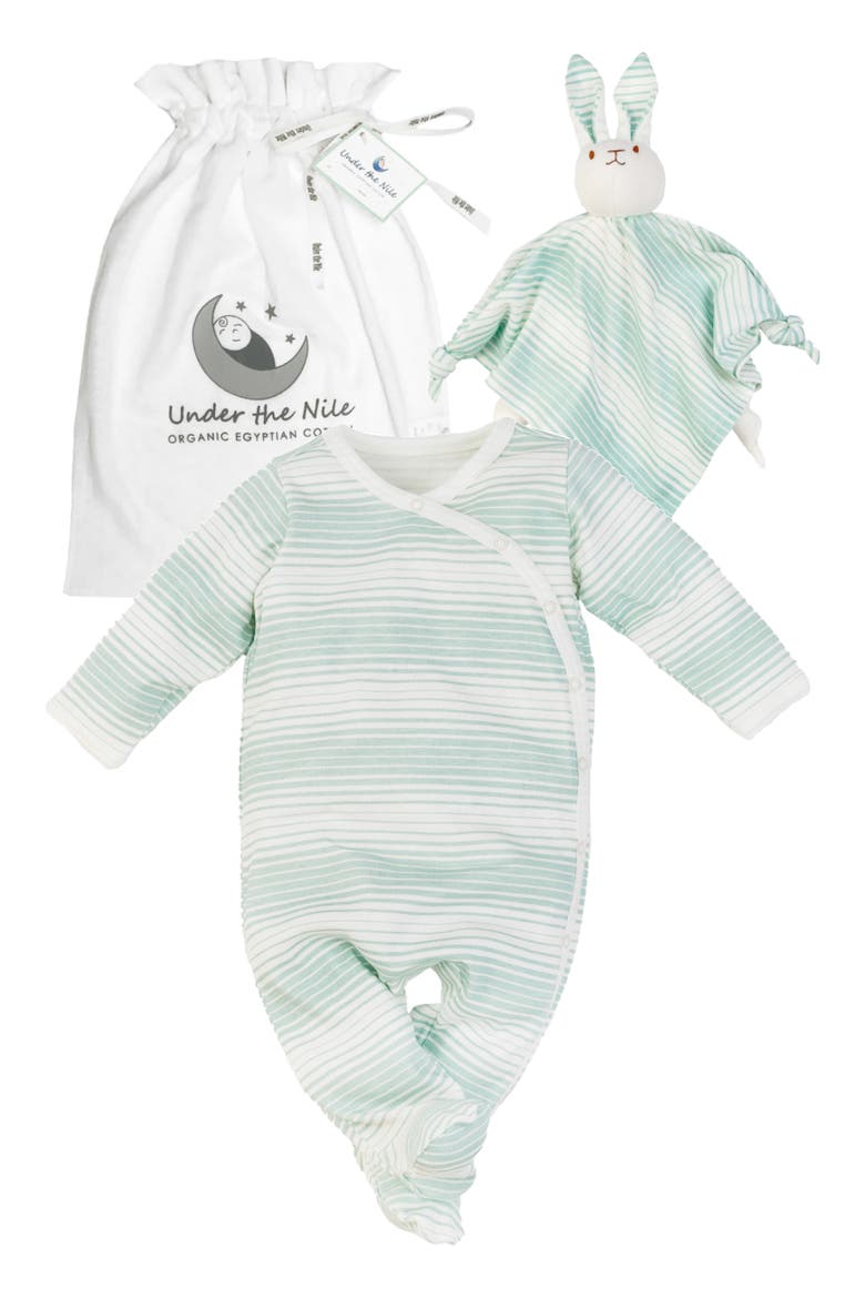 2-Piece Stripe Organic Cotton Footie & Bunny Lovey Toy Set, Main, color, SEA BREEZE
