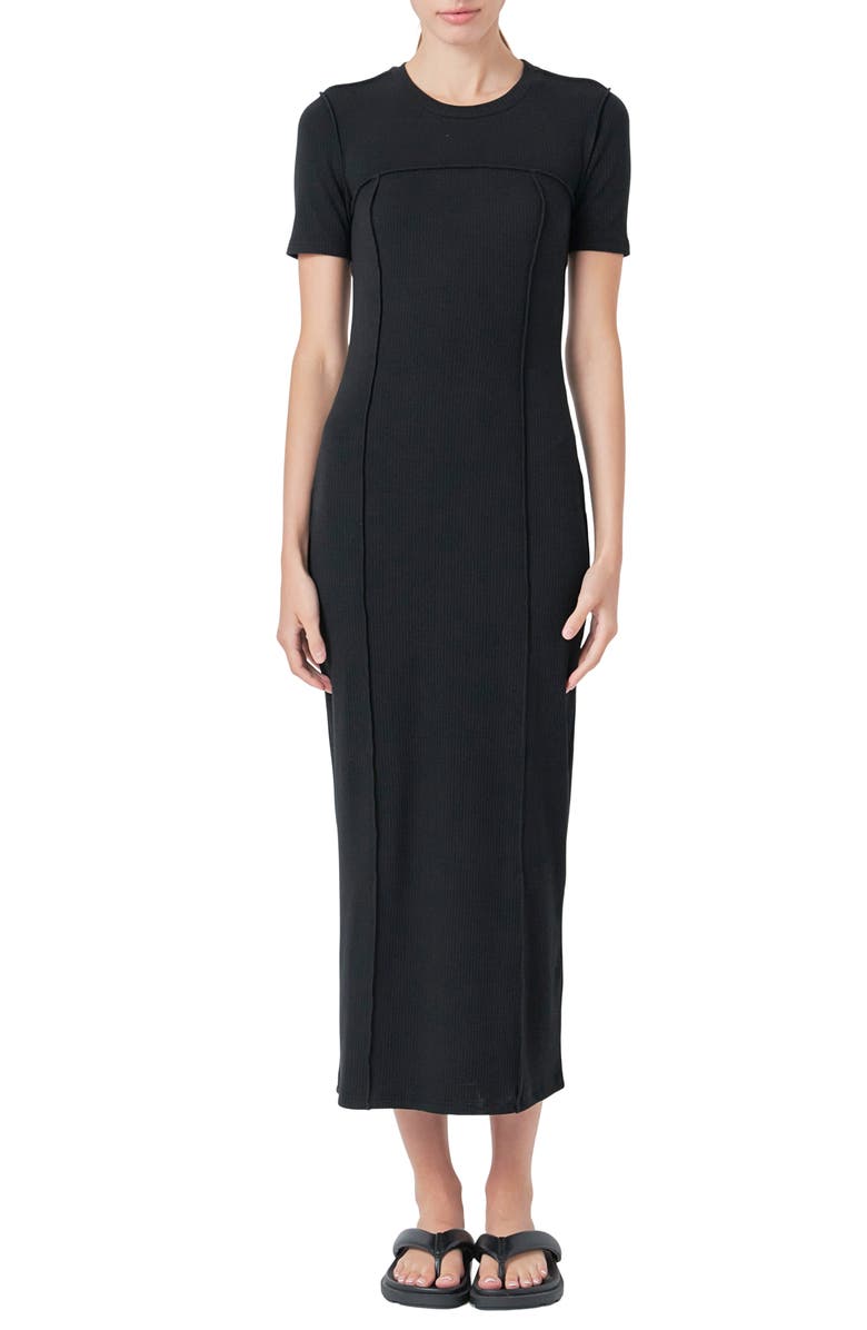 Grey Lab Short Sleeve Back Cutout Ribbed Maxi Dress, Main, color, Black