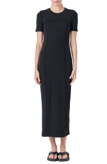 Grey Lab Short Sleeve Back Cutout Ribbed Maxi Dress In Black