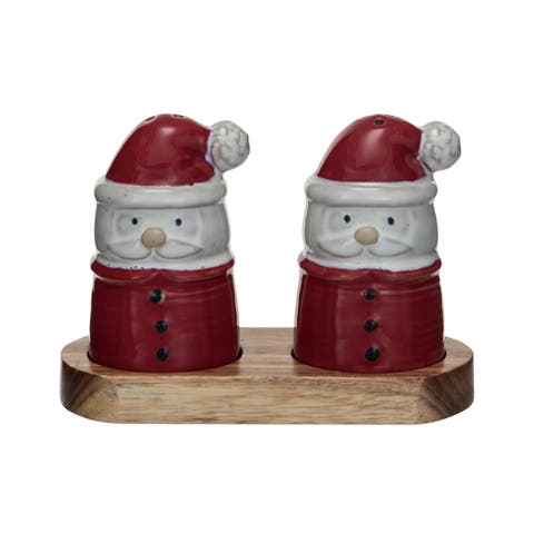 Stoneware Santa Shaped Salt and Pepper Shakers on an Acacia Wood Tray, Red, White and Natural
