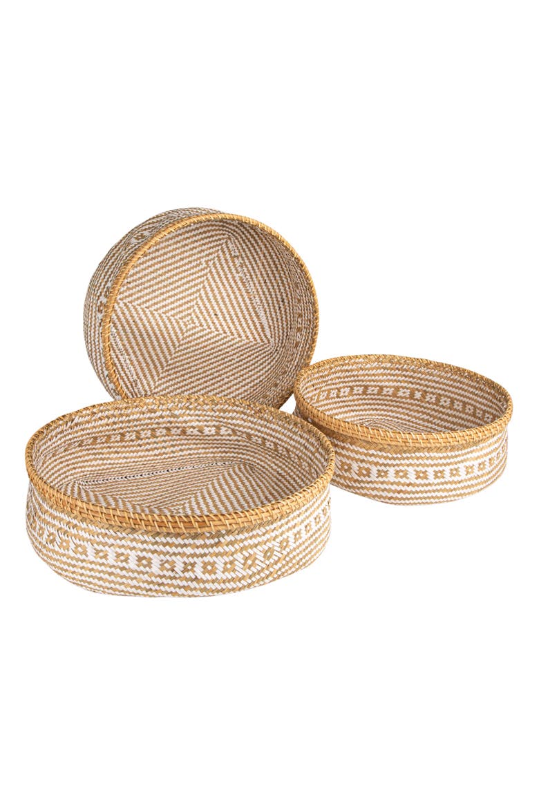 3-Piece Hand-Woven Seagrass and Rattan Baskets with Pattern, White and Natural, Main, color, White