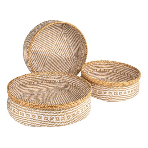 3-Piece Hand-Woven Seagrass and Rattan Baskets with Pattern, White and Natural
