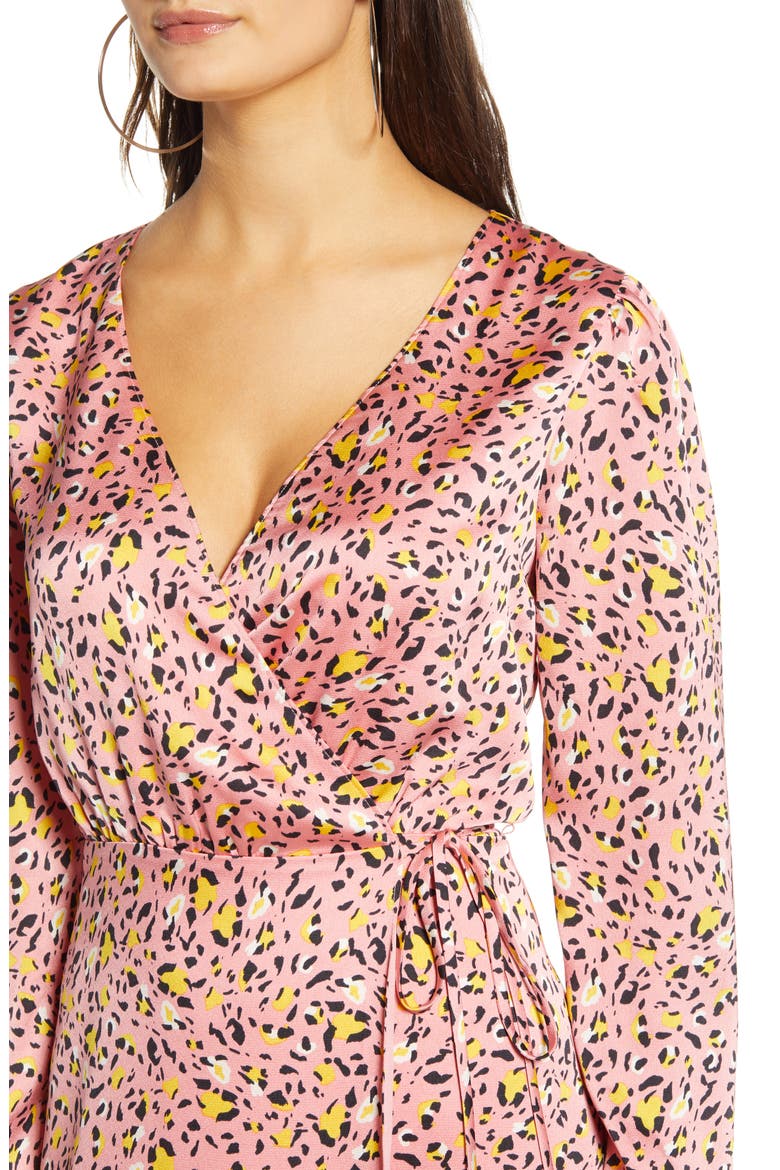 Pink Leopard Print Long Sleeve Satin Midi Wrap Dress, Alternate, color, PINK GERANIUM MINI LEOPARD
