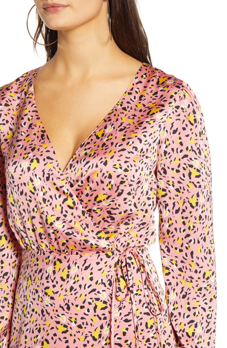 Leith Pink Leopard Print Long Sleeve Satin Midi Wrap Dress, Alternate, color, 