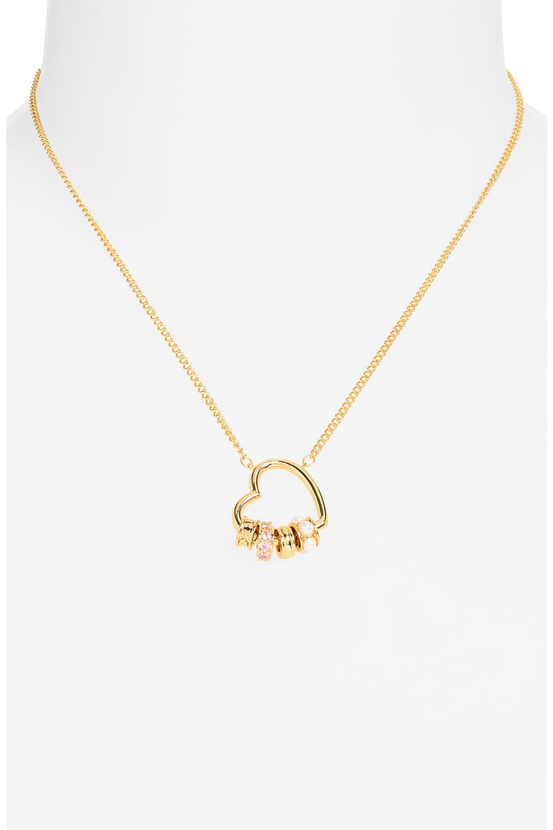 Cubic Zirconia & Faux Pearl Rondelle Charm Heart Pendant Necklace, Alternate, color, CLEAR- WHITE- GOLD
