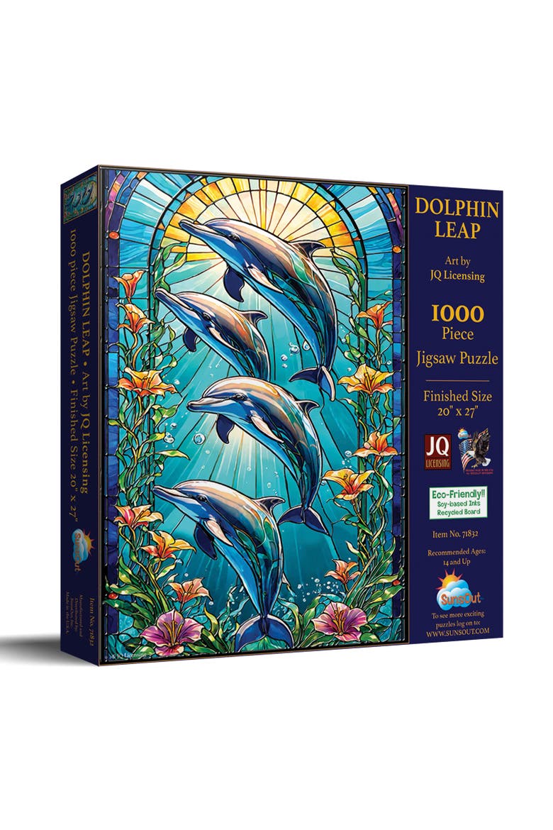 Dolphin Leap Stained Glass 1000 piece Jigsaw Puzzle for Adults, Main, color, Multicolor