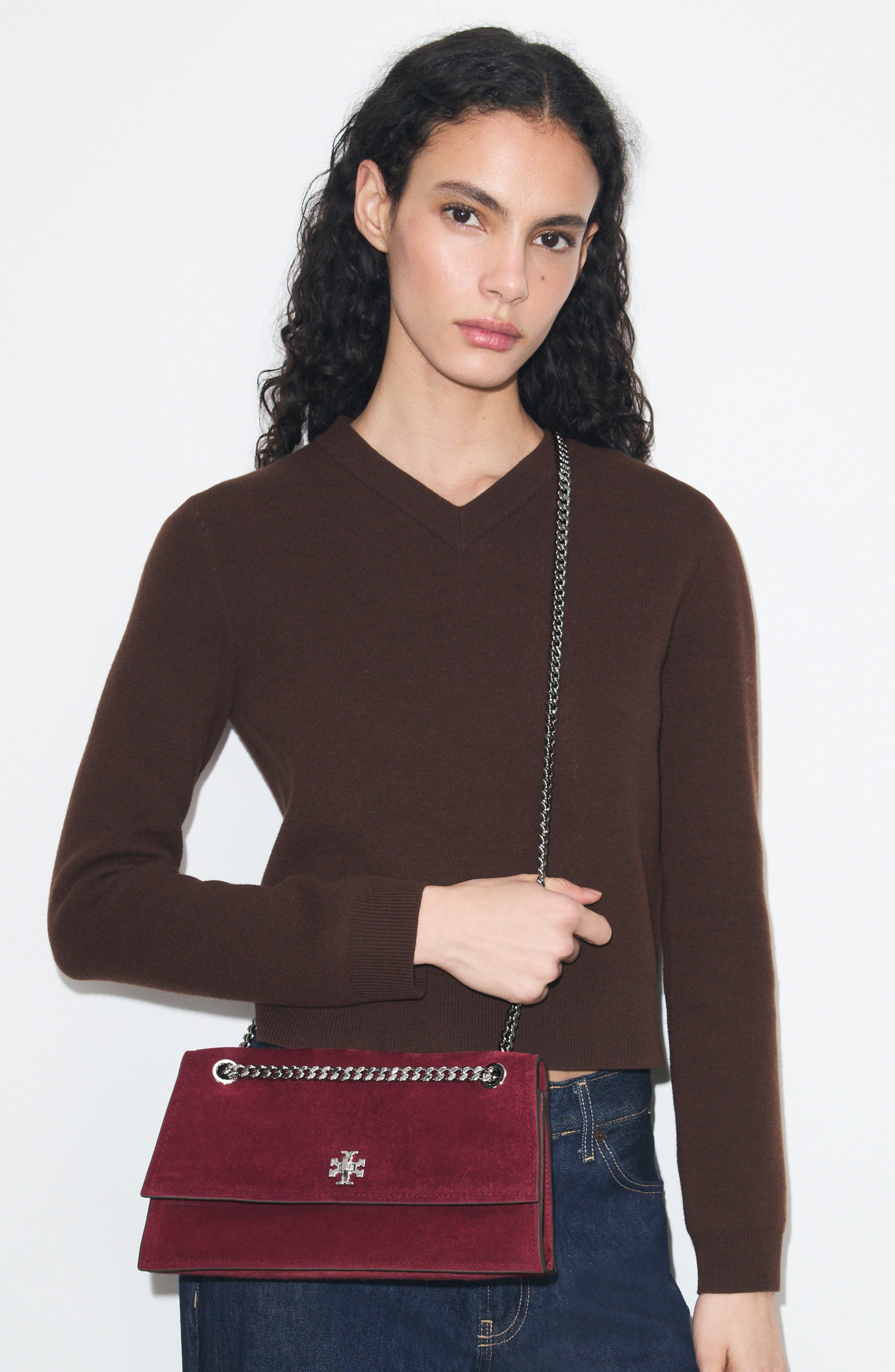 Kira Turnlock Suede Convertible Shoulder Bag, Alternate, color, MERLOT