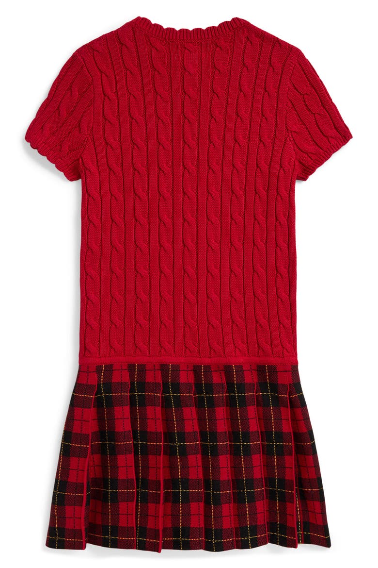 Kids' Cable Knit & Plaid Cotton Drop Waist Dress, Alternate, color, RED MU