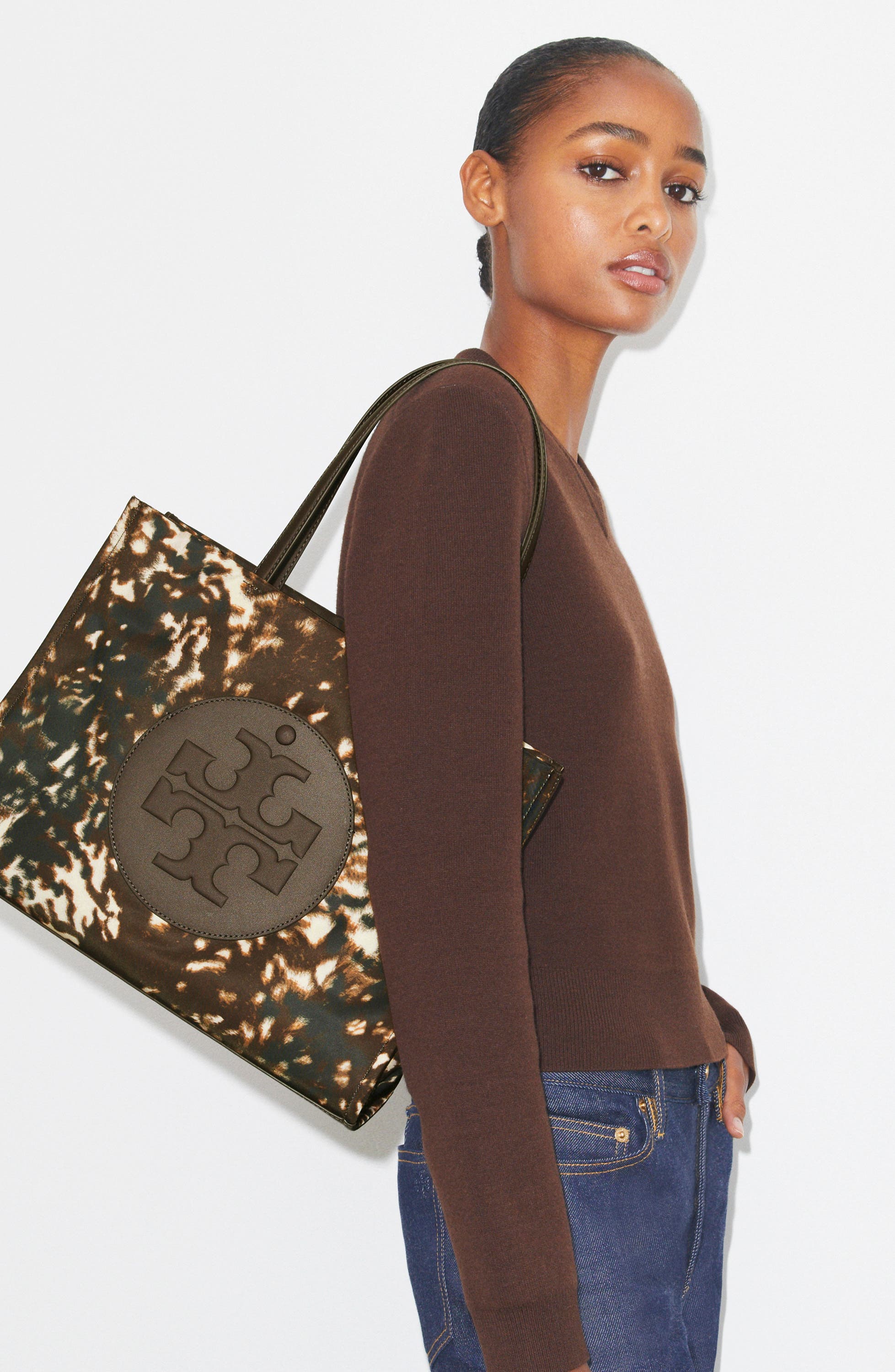 Tory Burch Small Ella Printed Tote, Alternate, color, Fall Fawn