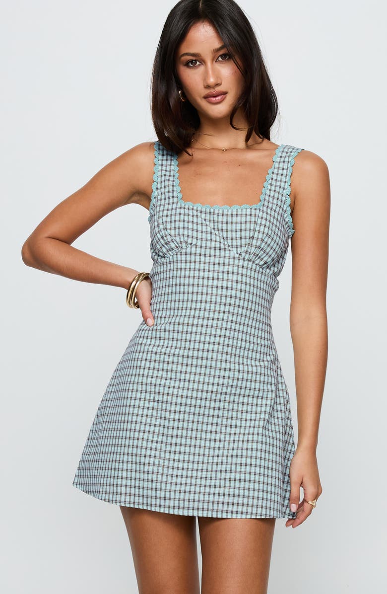 Princess Polly Dasha Check Cotton Fit & Flare Minidress, Alternate, color, Blue / Brown Check
