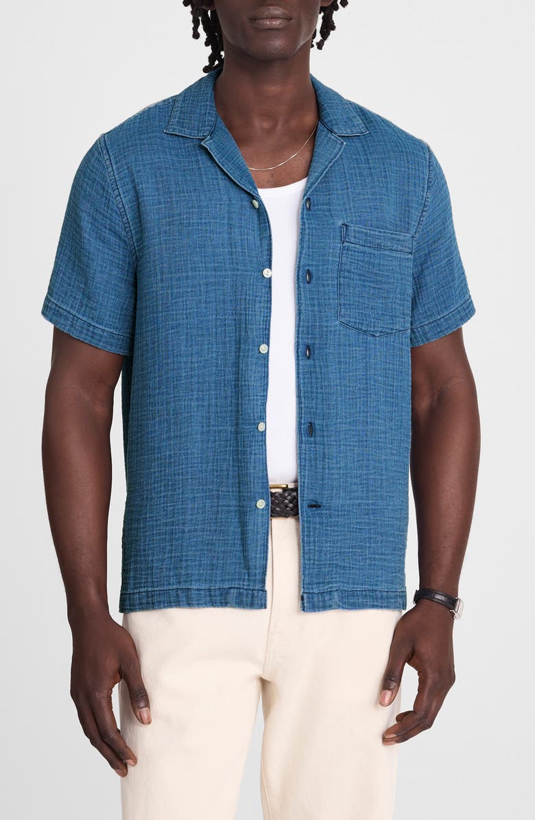 Madewell Indigo Dyed Short Sleeve Cotton Button-Up Shirt, Main, color, Light Indigo Gauze