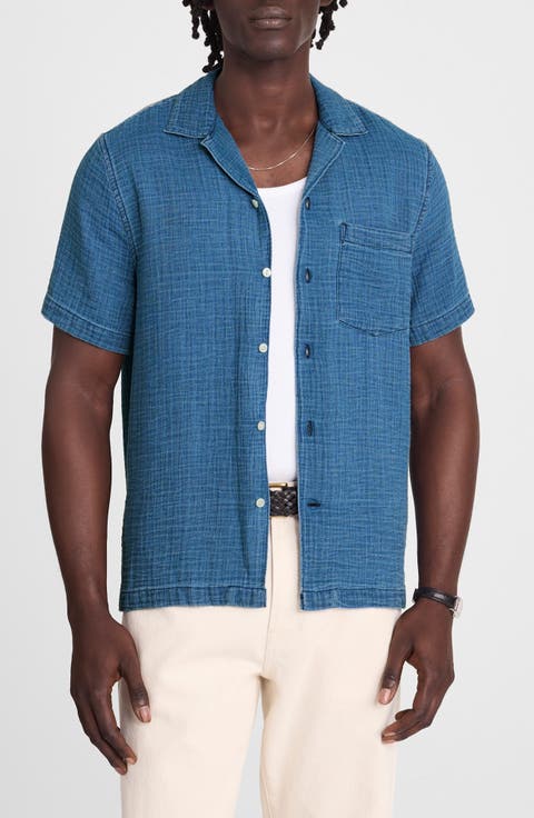 Indigo Dyed Short Sleeve Cotton Button-Up Shirt