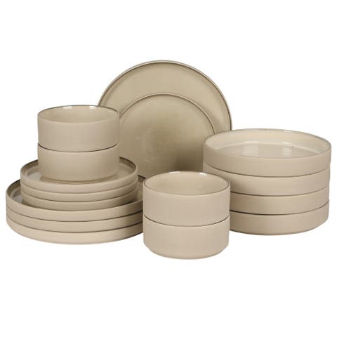 Liberty Bay 16-Piece Stoneware Stackable Plates and Double Bowl Dinnerware Set