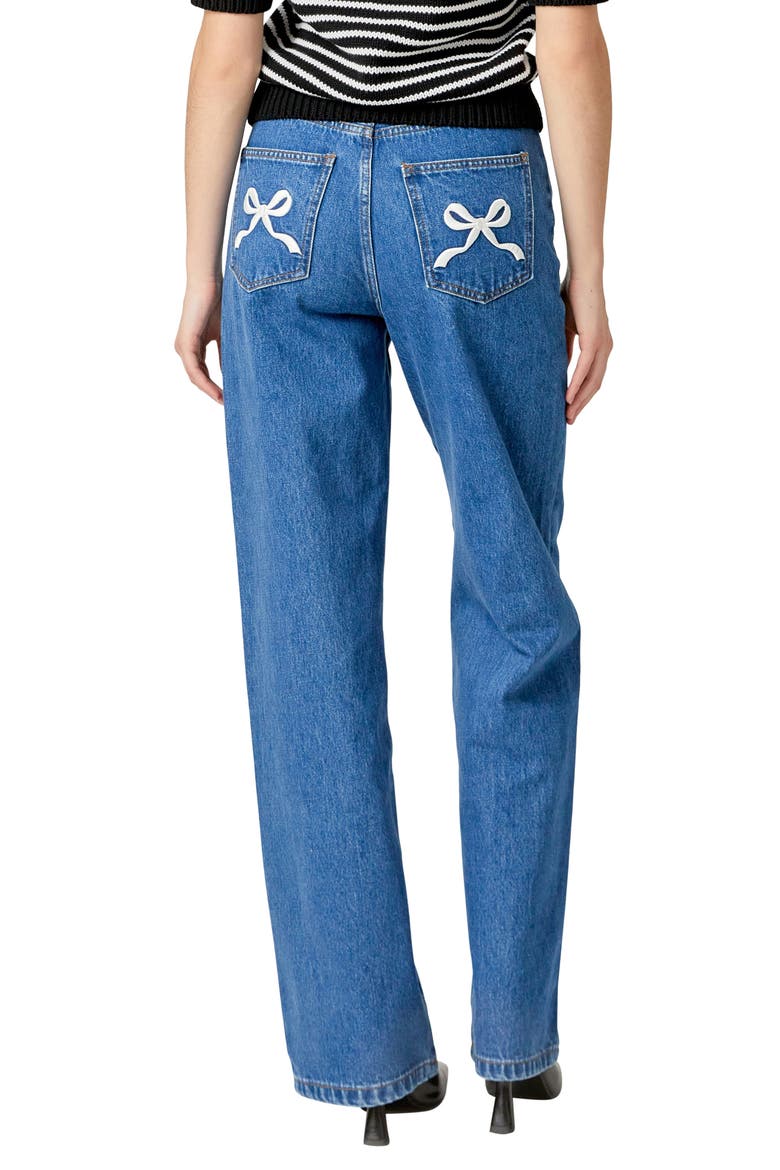 Embroidered Bow High Waist Relaxed Straight Leg Jeans, Alternate, color, DENIM
