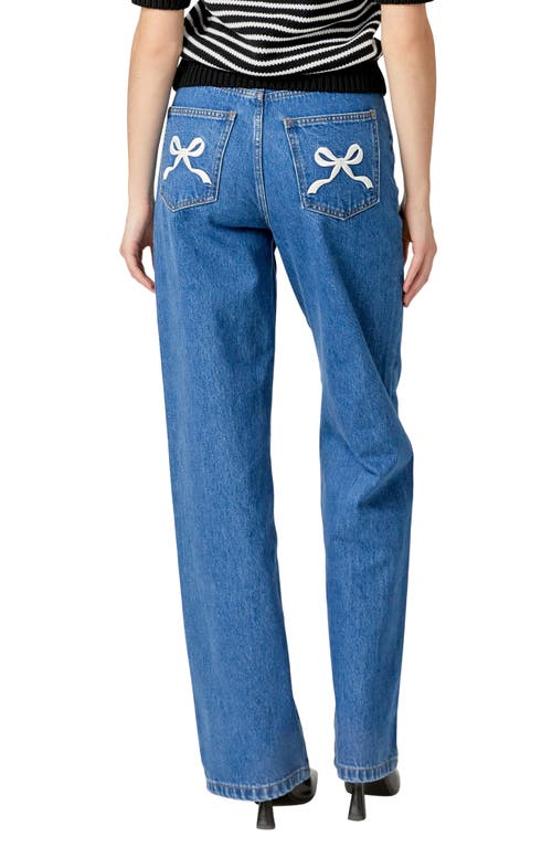 English Factory Embroidered Bow High Waist Relaxed Straight Leg Jeans In Denim