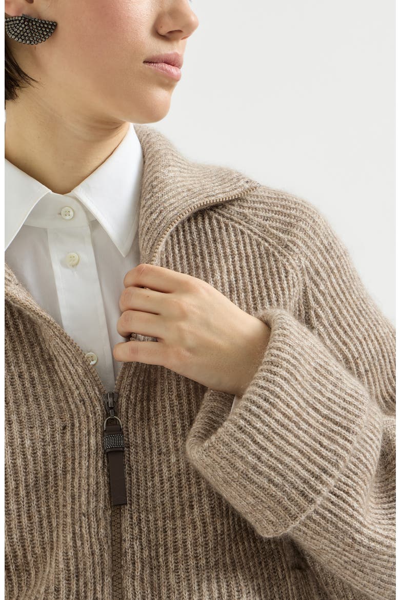 Sparkling cashmere, mohair and wool ribbed cardigan with shiny zipper pull, Alternate, color, Light Brown