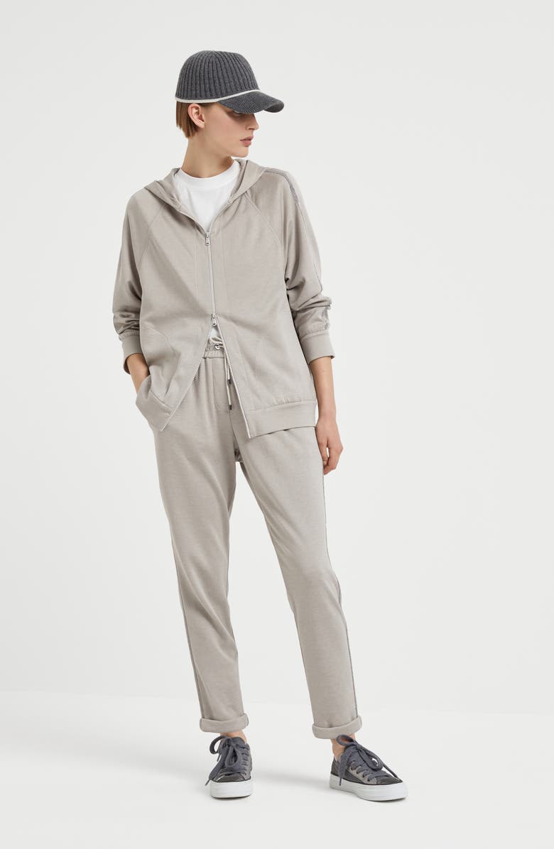 Brunello Cucinelli Comfort cotton and silk interlock trousers with Precious stripe, Alternate, color, 