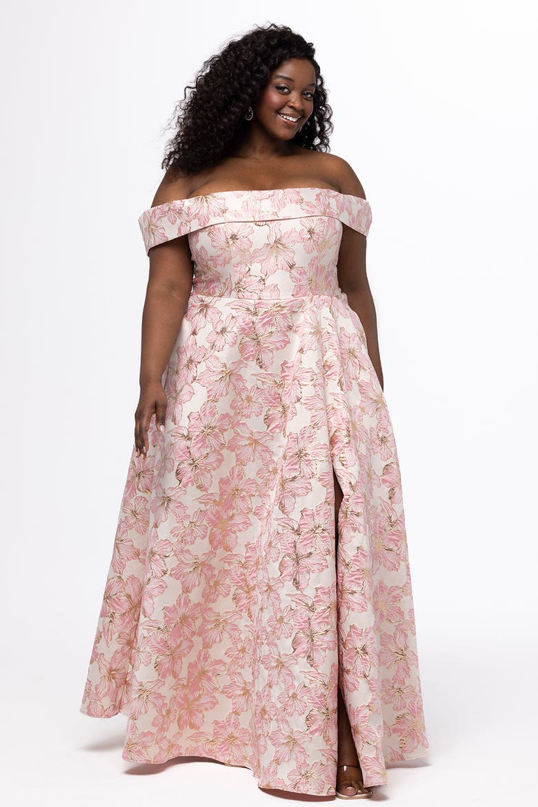 Off-the-Shoulder Brocade Plus Size Formal Dress with Slit, Alternate, color, Light Pink Floral