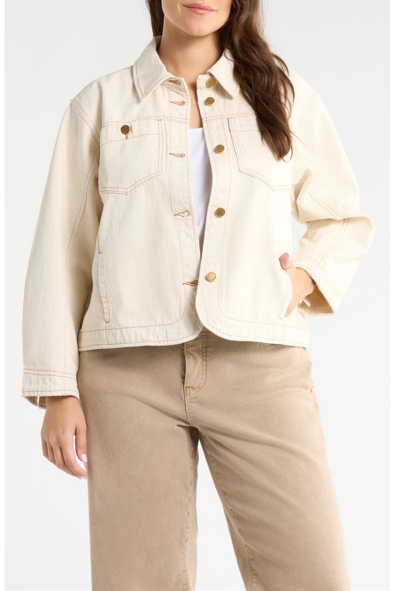 Topstitch Denim Jacket, Main, color, HEATHERED BIRCH/ CARAMEL