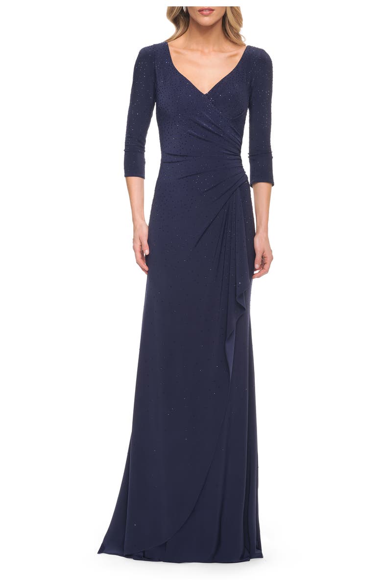 La Femme Elegant Jersey Dress with Ruching and Ruffle Detail, Main, color, Navy