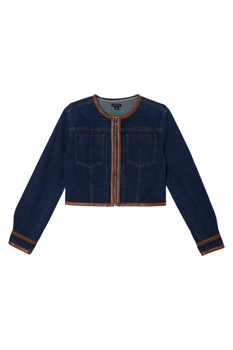 Denim & Leather Collarless Jacket, Alternate, color, Dark Wash
