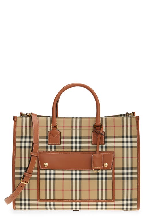 Burberry Medium Freya Check Coated Canvas Tote In Brown
