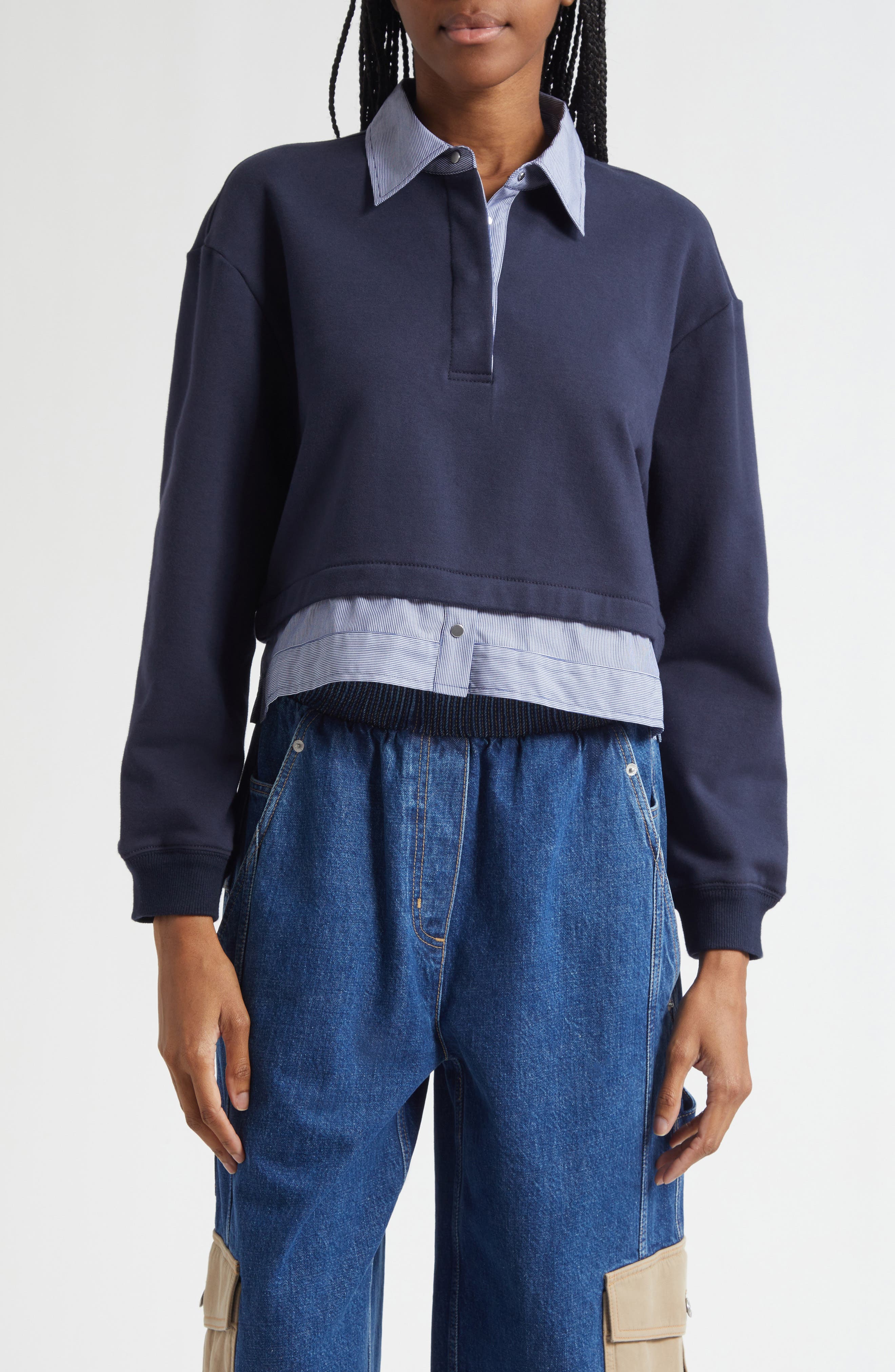 Mixed Media Cotton Crop Sweatshirt