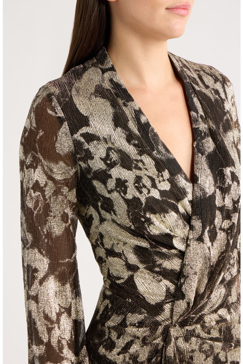 V-Neck Crinkle Metallic Floral Dress, Alternate, color, BROWN/ GOLD