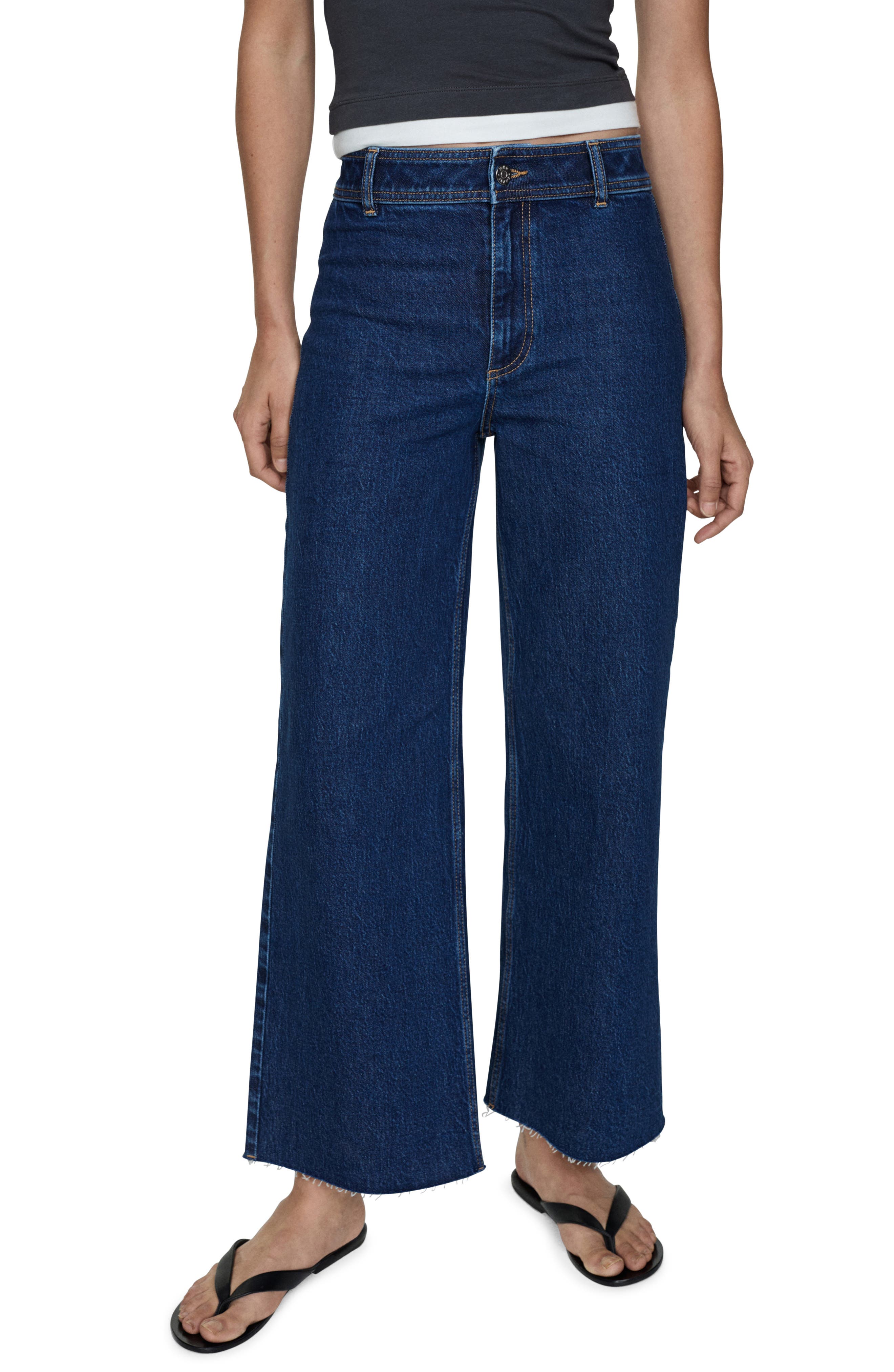 MANGO Catherin Raw Hem High Waist Wide Leg Culotte Jeans