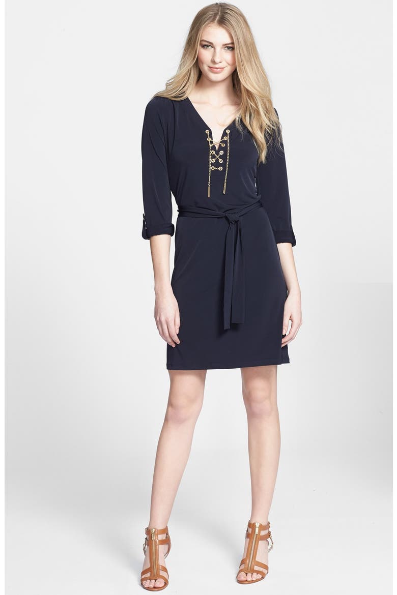 Chain Lace Jersey Dress, Main, color, NAVY