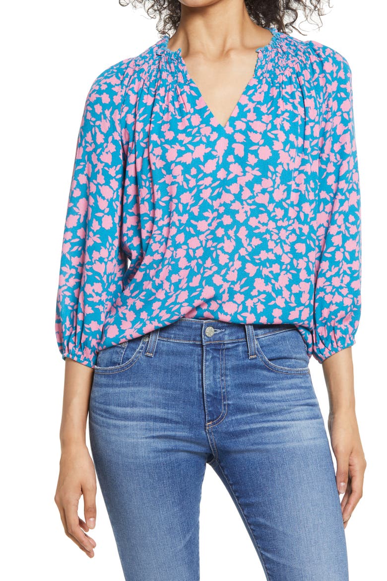 Smocked Top, Main, color, TEAL/ MAUVE