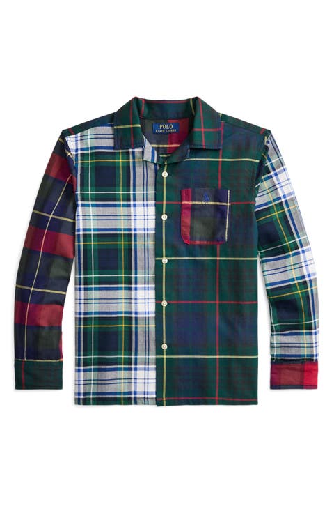 Kids' Long Sleeve Mismatched Plaid Cotton Camp Shirt (Big Kid)