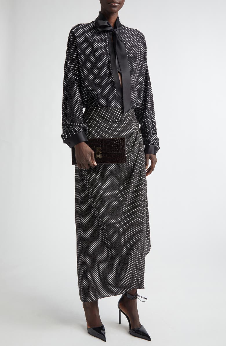 TOM FORD Polka Dot Silk Sable Faux Wrap Skirt, Alternate, color, Black/ Off White