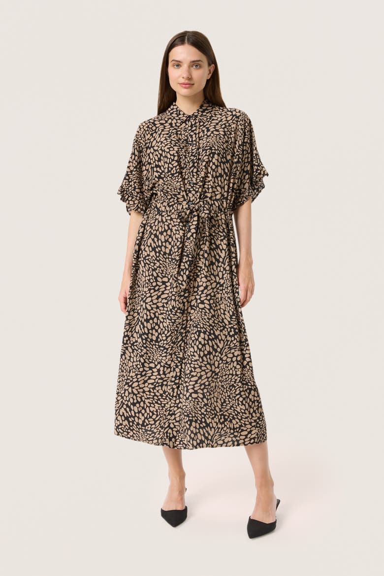 SLNaya Short Sleeve Maxi Shirt Dress, Main, color, Black With Brown Dots