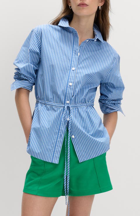 Stripe Drawcord Waist Cotton Button-Up Shirt