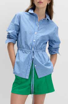 Stripe Drawcord Waist Cotton Button-Up Shirt