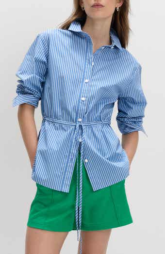 Stripe Drawcord Waist Cotton Button-Up Shirt