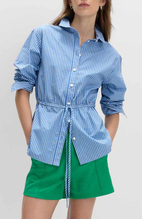 Stripe Drawcord Waist Cotton Button-Up Shirt