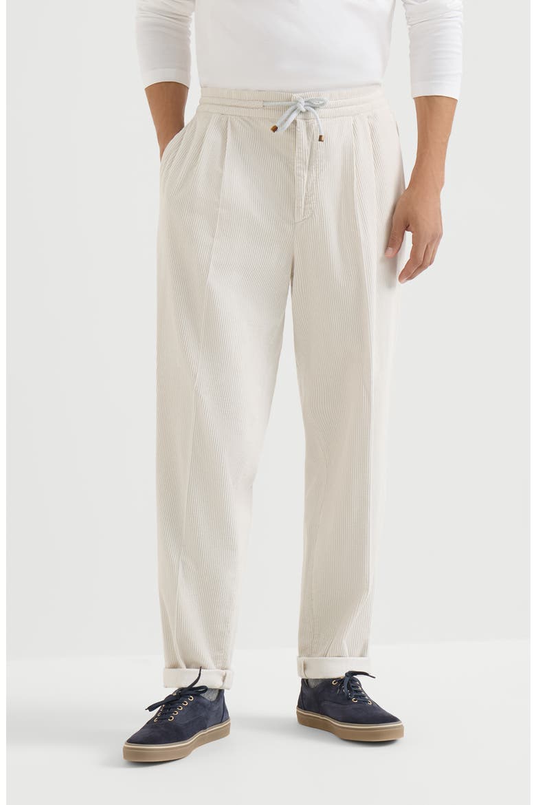 Garment-dyed trousers in cotton corduroy with drawstring and double pleats, Main, color, White