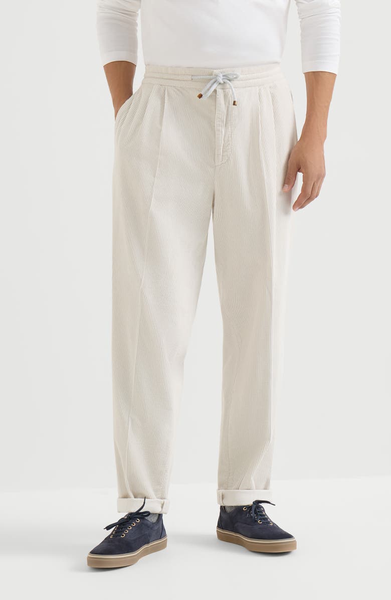 Brunello Cucinelli Garment-dyed trousers in cotton corduroy with drawstring and double pleats, Main, color, White