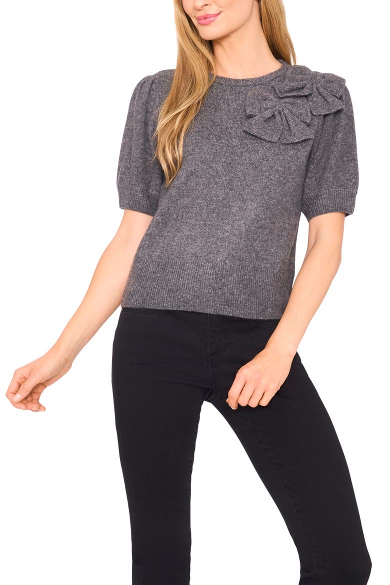 Bow Detail Puff Sleeve Sweater, Main, color, MEDIUM HEATHER GREY