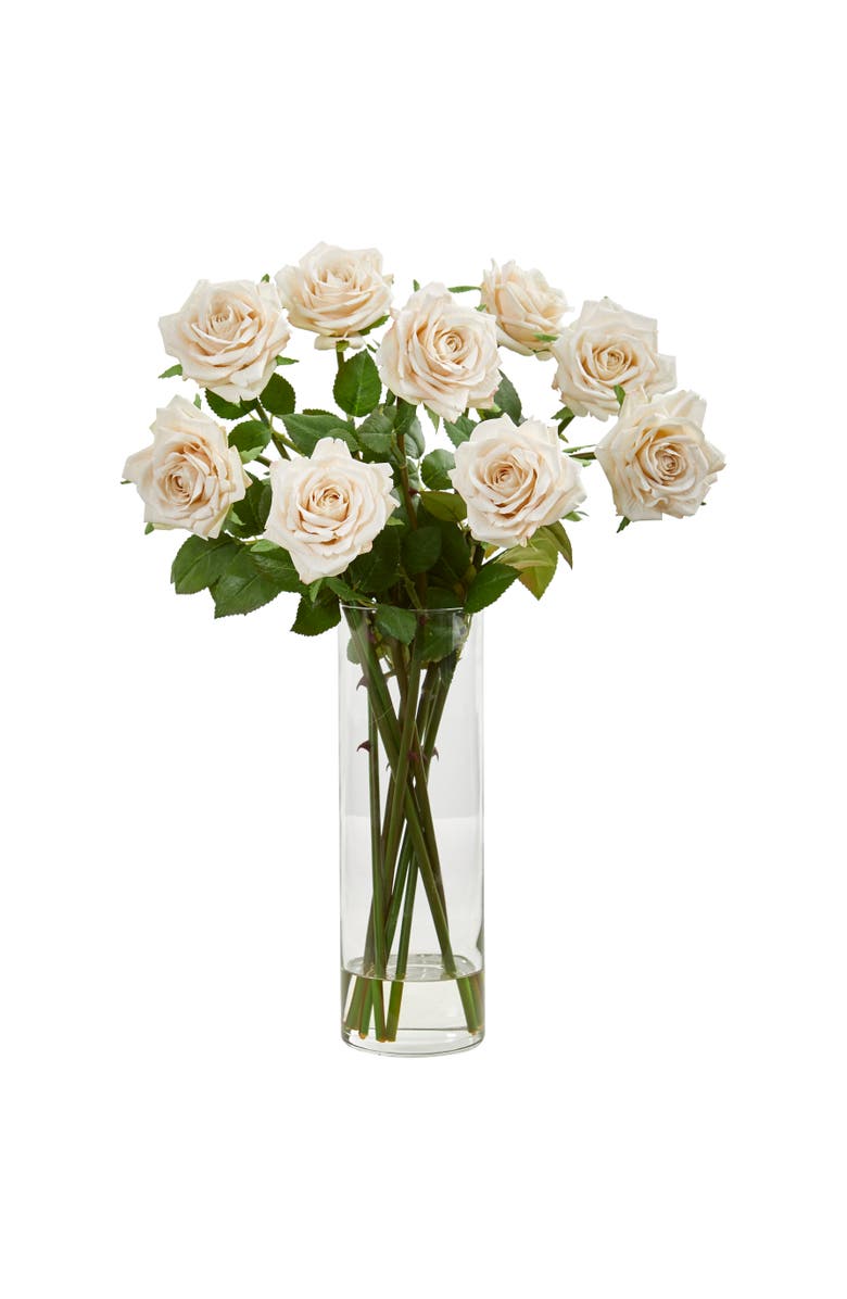 NEARLY NATURAL Rose Artificial Arrangement in Cylinder Vase, Main, color, Champagne