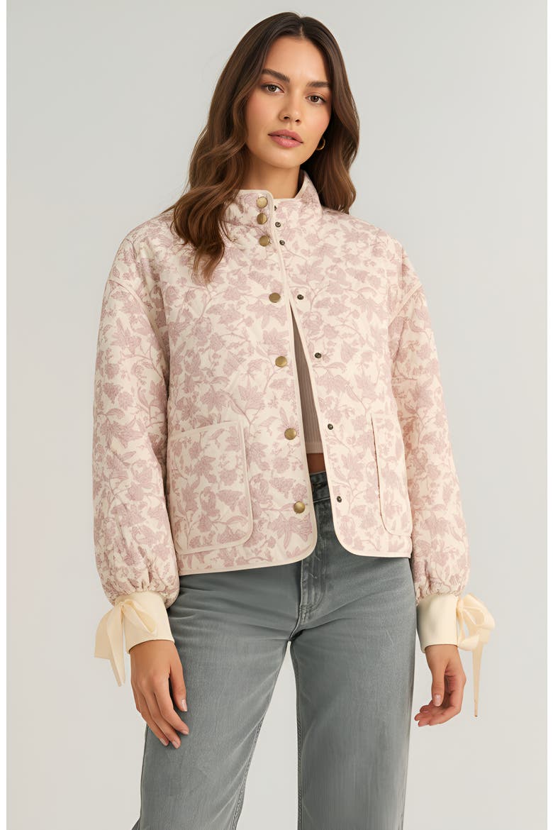 Floral Quilted Jacket with Puff Sleeves and Satin Bow Cuffs, Main, color, Light Pink Floral