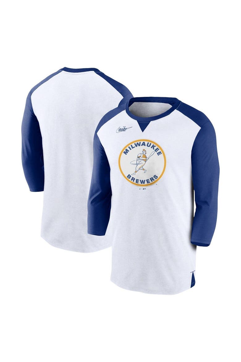 Men's Nike White/Royal Milwaukee Brewers Rewind 3/4-Sleeve T-Shirt, Main, color, White