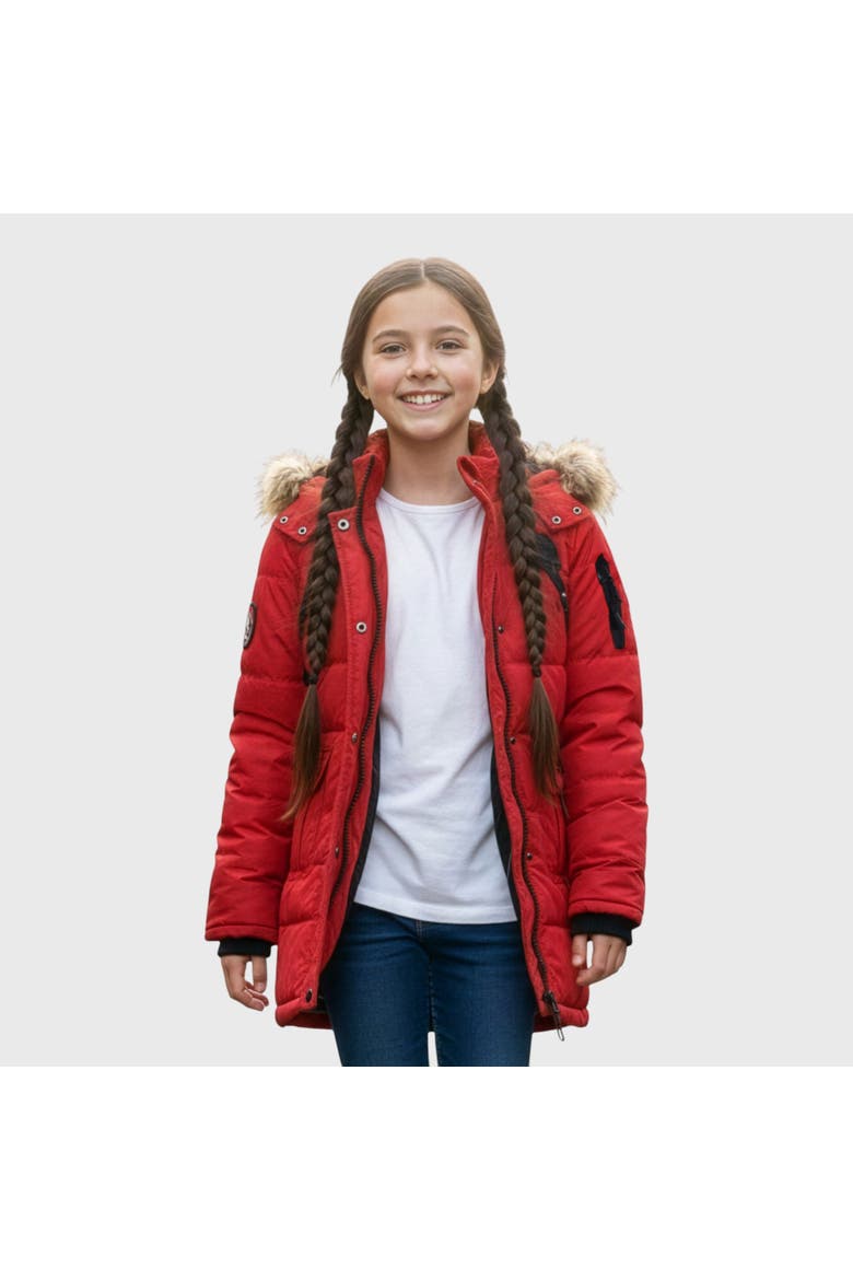 Girls' Long Faux Fur Parka, Main, color, Red