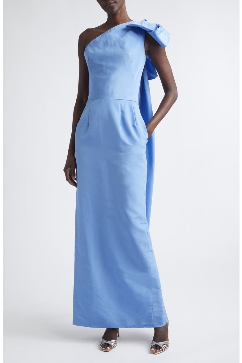 Bow Detail One-Shoulder Silk Faille Column Gown, Alternate, color, TWILIGHT